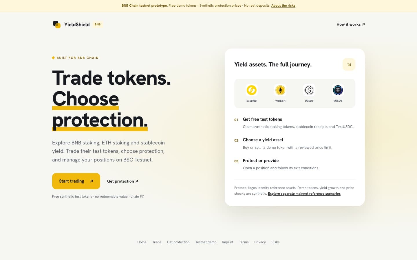 The YieldShield app on BNB Chain testnet